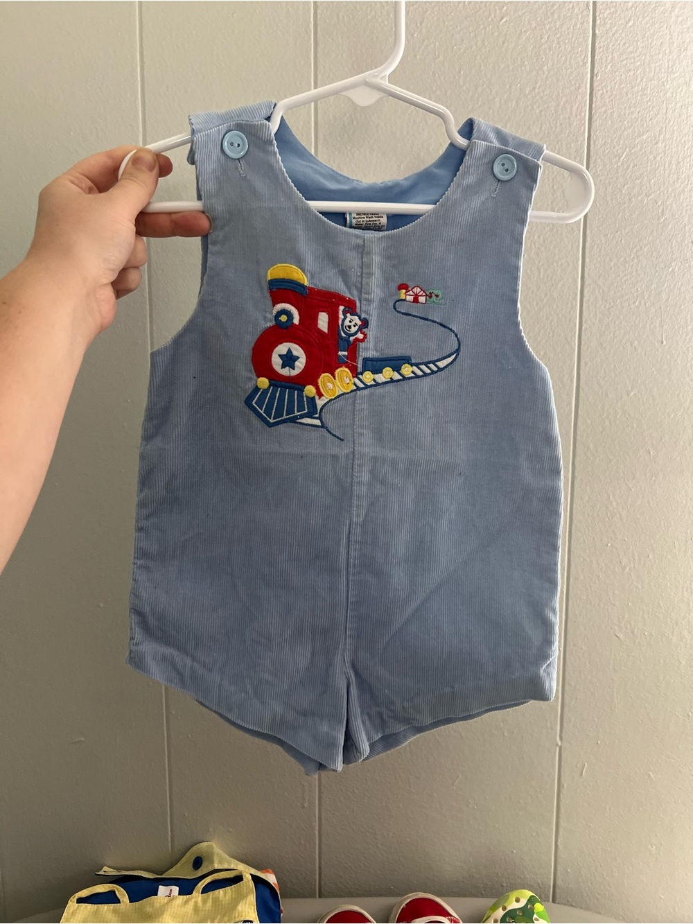 Light Blue Baby Corduroy Train Romper